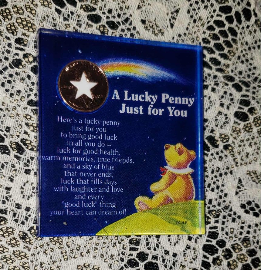 VINTAGE CUTOUT SHOOTING STAR BEAR A LUCKY PENNY JUST FOR YOU REFRIGERATOR FRIDGE MAGNET COLLECTABLE