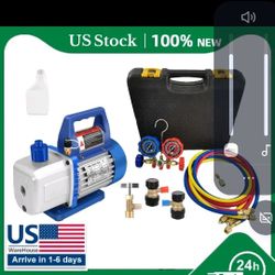 AC Manifold Gauge Set 3 Ways Vacuum Pump HVAC Kit 4CFM 1/3HP Refrigeration Oil