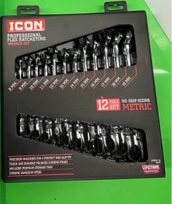 ICON Professional Flex-Head Metric Ratcheting Combination Wrench, 12-Piece