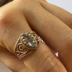 Vintage .925 Sterling Silver Aquamarine Marquis Filigree Ring