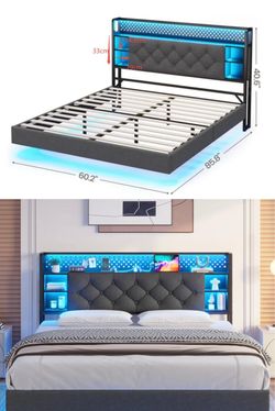 Queen size floating bed with charging station and LED lights