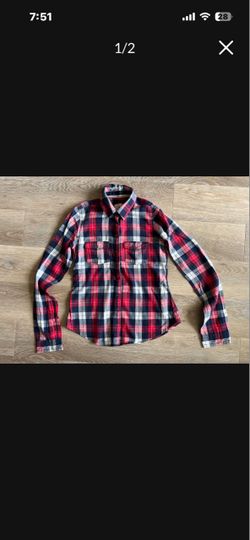 NEW Hollister Red Blue Plaid Checker Thin Flannel Long Sleeve Button Up Shirt