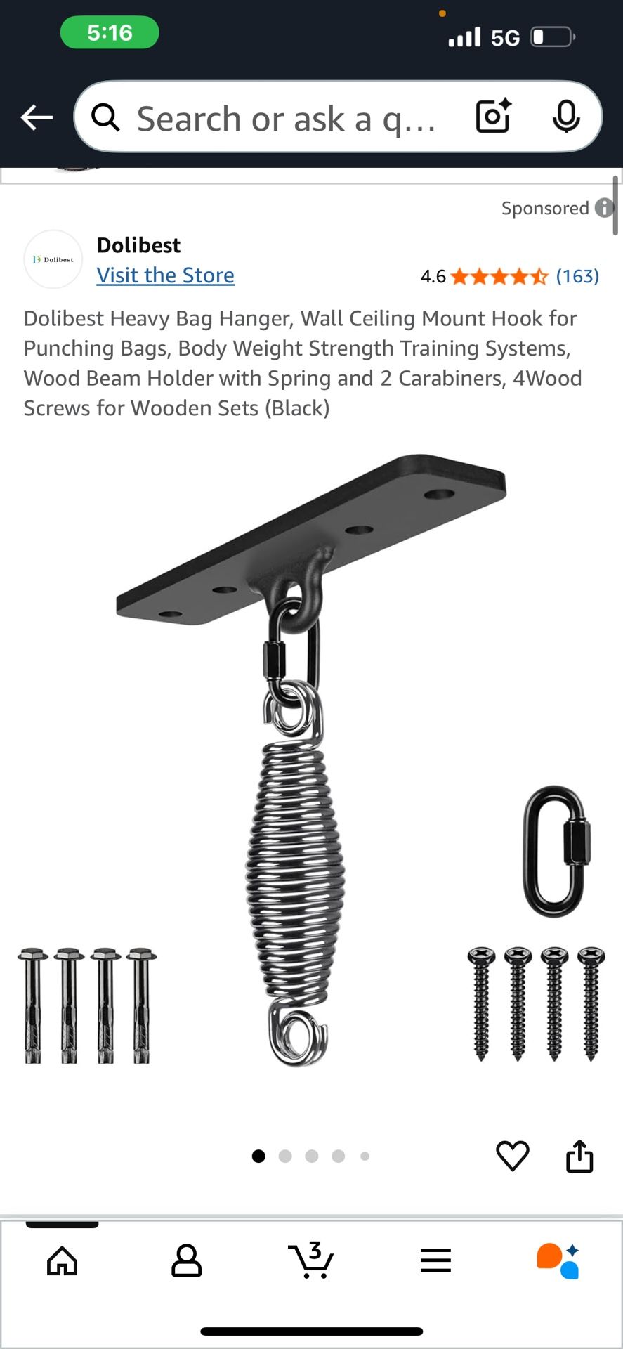 Dolibest Heavy Bag Hanger, Wall Ceiling Mount Hook for Punching Bags, Body Weight Strength Training Systems, Wood Beam Holder with Spring and 2 Carabi