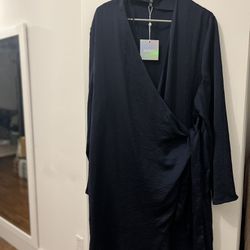 Missguided Satin Navy Mini Wrap Dress, US 18