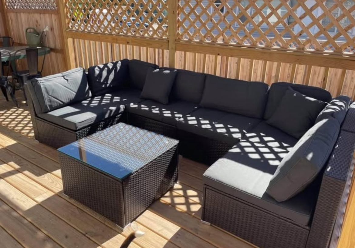 7 Piece U Shape Sectional Patio Furniture Set Brown Wicker w/ Gray Cushions