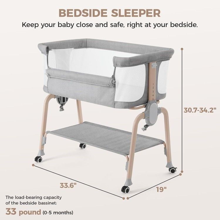 Bassinet Bedside sleeper Portable Breathable Grey