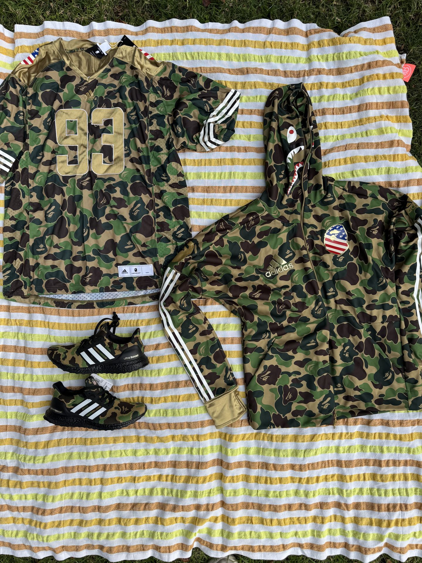 adidas x Bathing Ape (Bape) Ultraboost, Hoodie, and Jersey