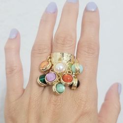 Gold multicolored beads women's chunky cuff ring band gift