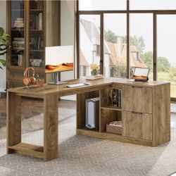 LD0050 L-Shaped Executive Desk, 63" Office Desk with File Cabinets and Shelves