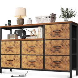  Dresser with Charging Station, 52-Inch Long Dressers for Bedroom with 7 Large Fabric Drawers, Dresser TV Stand with Open Shelves for 55-Inch TV, Vint
