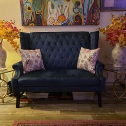 Blue Velvet Bench, Tall & Tufted Back
