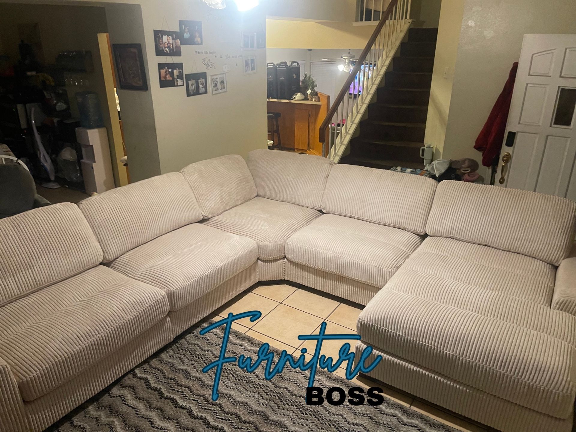 Large Sectional Sofa - Light Beige Corduroy Fabric With Soft Extra Large Seating