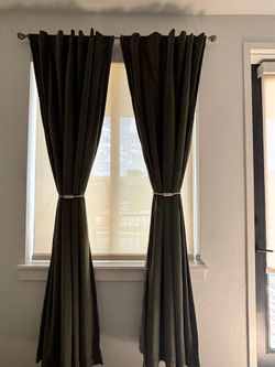 Green Velvet Curtains & Curtain Rod - $30