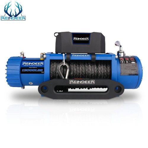 REINDEER 12V Electric Winch 13000lb Load Capacity Multi-Purpose Winch Heavy Duty with Synthetic Rope Hawse Fairlead Waterproof Wireless Handheld Remot