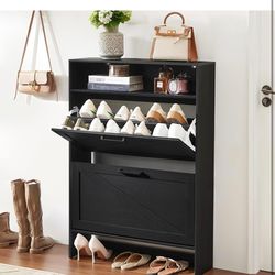 Assembled Shoe Storage Cabinet with 2 Flip Drawers,Farmhouse Narrow Shoe Organizer with Legs,Freestanding Hidden Slim Shoe Rack Cabinet with Open Stor