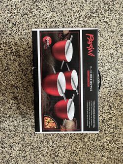 Parini 4 Piece Ceramic 15 oz Rice Bowls with Chopsticks, Red, New in Box