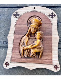 Vintage 3D Wooden Madonna and Child Wall Plaque Religious Relief Icon