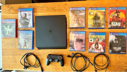 PS4 Slim 500GB Bundle + 9 Games + Controller + Cables | Excellent Condition