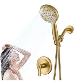 Single-Handle Gold Shower Faucet Set - Brushed Gold Shower Head and Handle Set, Shower Trim Kit with 7 Modes Handheld Shower Head System, Faucet Showe