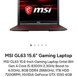 MSI GL63 15.6-Inch Gaming Laptop Intel 8th Gen 4 Core i5