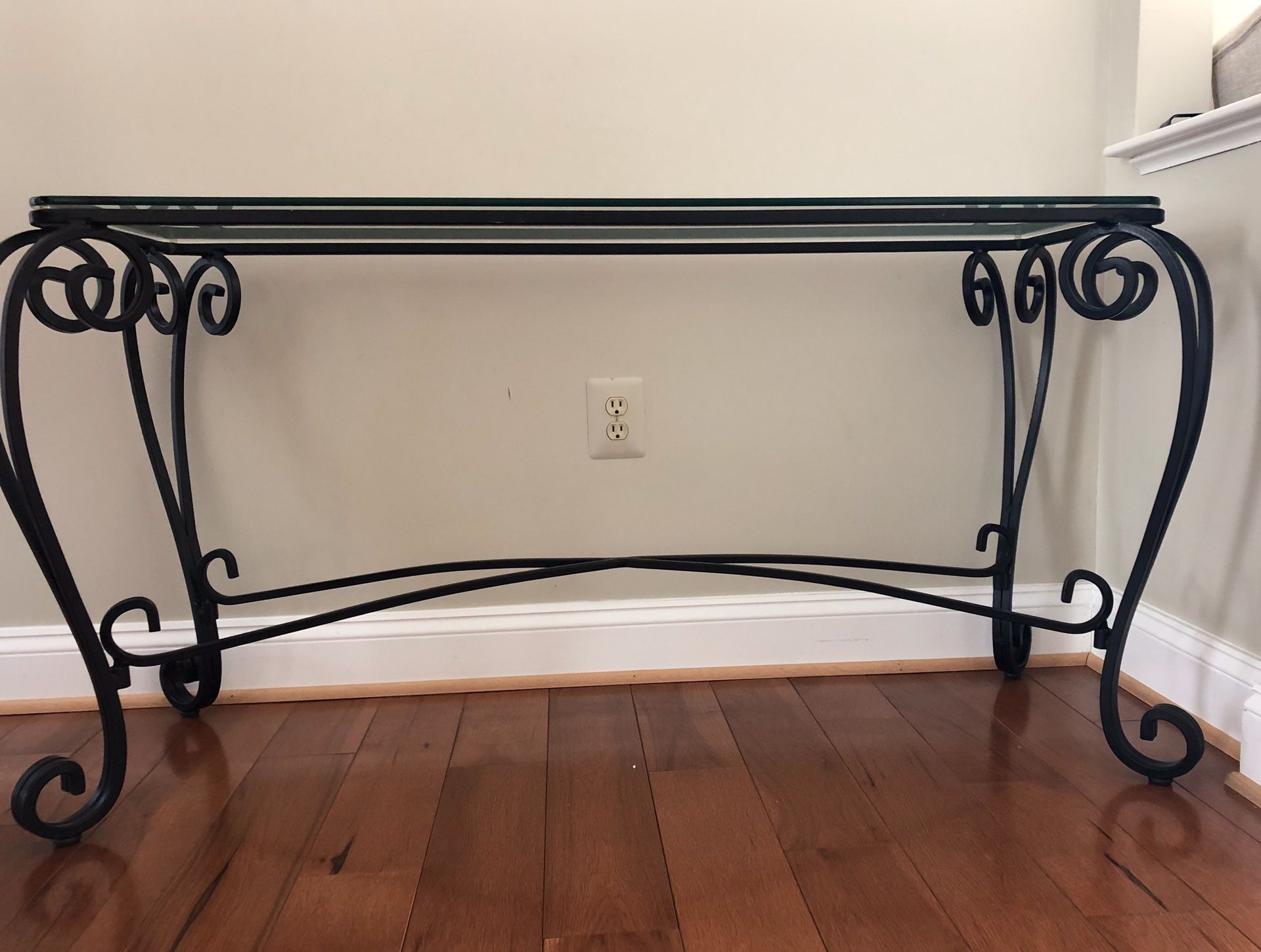 Wrought iron and glass console table