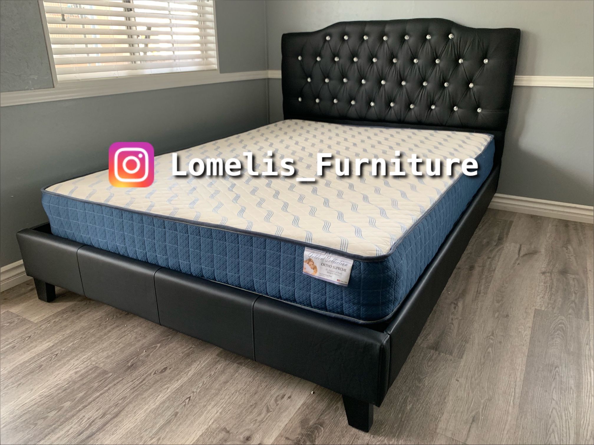 Cal King Black Crystal Button Tufted Bed w. Orthopedic Mattress Included