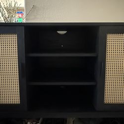 Beautiful Rattan Charcoal Wood TV Stand!! Missing legs - small cosmetic dents (see pics) 