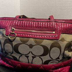 COACH POPPY SIGNATURE PATENT LEATHER PINK BEIGE TAN SHOULDER BAG TOTE