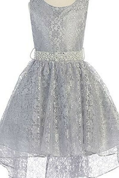 Little Girls Sleeveless Floral Lace Rhinestone High low Party Flower Girl Dress Silver Size 10 and 14 in SILVER