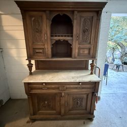 Antique Carved Oak Marble-Top Sideboard / Hutch - Beautiful Details