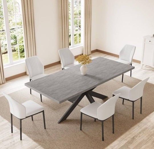 ZckyCine 6-8 People Modern Dining Table Rectangular Kitchen Dining Table Space-Saving Expandable Dining Table Metal Frame (Gray Table + 6 White Chairs