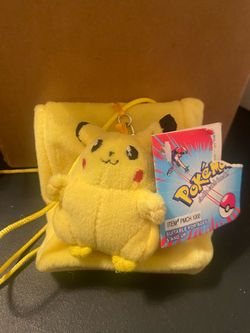 vintage Pokémon Pikachu Plush Keychain attached to a small yellow pouch.