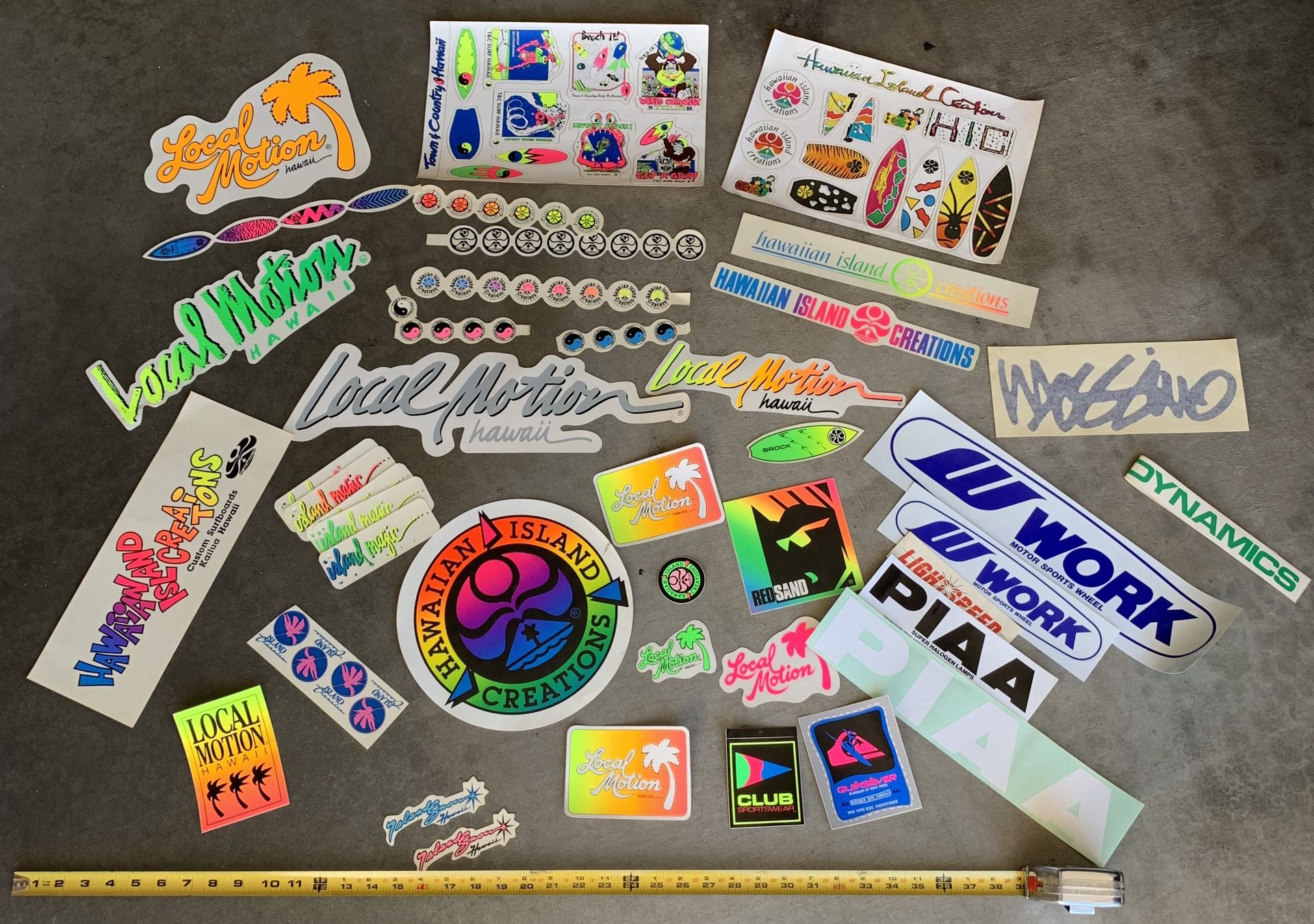 Lot of vintage surf stickers. Hic. Hawaiian island creations. Local motion. Motor sport work. Piaa. From the 1980s
