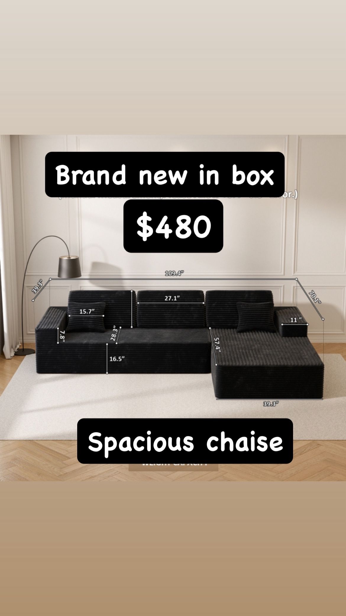 BLACK RIGHT HAND FACING Chaise Modular Convertible Sectional Sofa