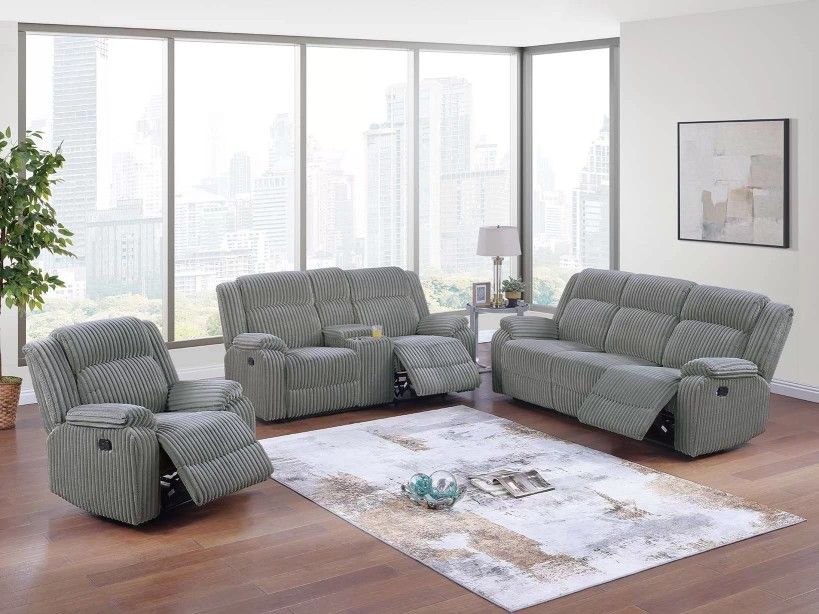 Brand New Grey Super Plush Corduroy 3pc Reclining Sofa Set 