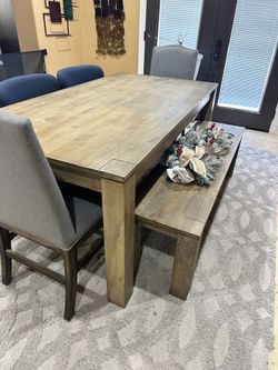 Wood dining table with bench and 4 chairs