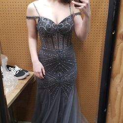 Charcoal grey beaded and lace prom dress