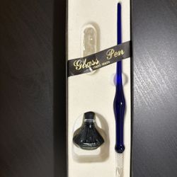 Hand blown English glass pen with ink bottle and double stand 