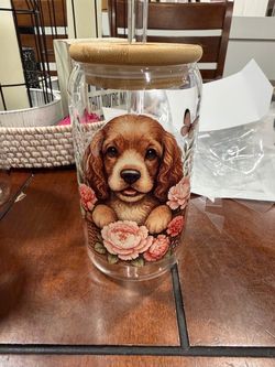 Cocker Spaniel Glass Can Cup with Bamboo Lid and Straw