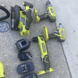 RYOBI ONE+ 18V cordless tool system. The main tool is a string trimmer/edger, and a circular saw, a drill/driver, and a right-angle drill, along with 