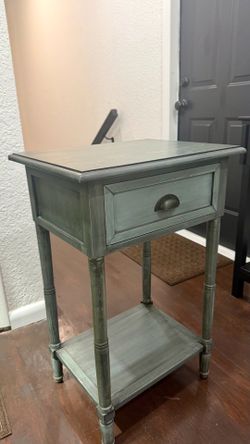 Vintage Gray Wooden End Table / Nightstand with Drawer & Shelf