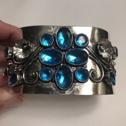 Blue Topaz Stamped Solid 925 Sterling Silver Cuff Bracelet 