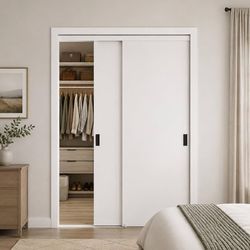 Flat Panel Closet Door Primed Bypass Closet Door with Hardware Kit Molded Sliding Closet Door with Hardware Kit, Interior Sliding Door for Closet, Mod