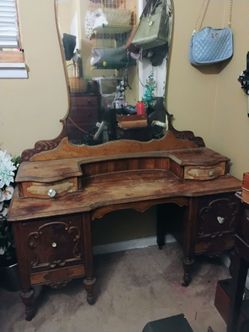 Antique Wooden Vanity w/ Large Mirror