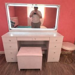 Complete 3-Piece Pink & White Girl’s Bedroom Set - LED Vanity, Dresser & Bed