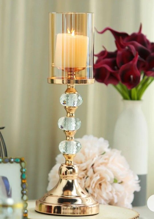 17" Tall Gold Metal Pillar Candle Holder With Hurricane Glass Tube and Crystal Globes