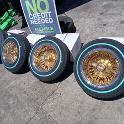 Wire Wheels 13x7 Gold And Tires 155 80R13 Knockoffs Gold Adapter $2200×4  