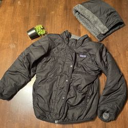 Patagonia Black Hooded Reversible Black & Grey Jacket Kids Size 7-8