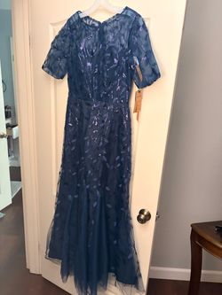Navy Blue Sequin Leaf Formal Gown