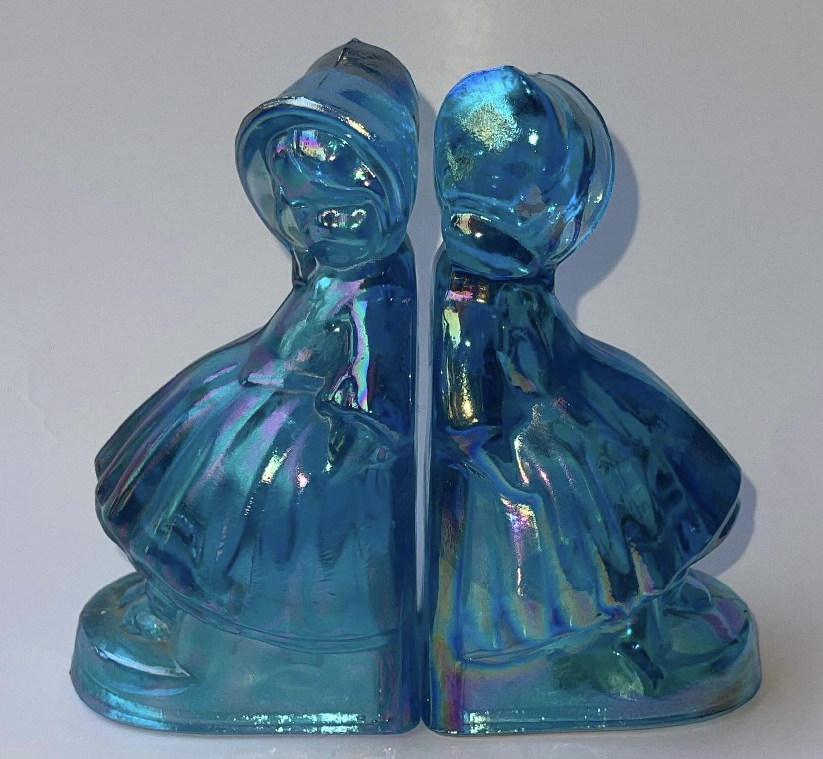Vintage Iridescent Blue Glass Bookends LE Smith Glass